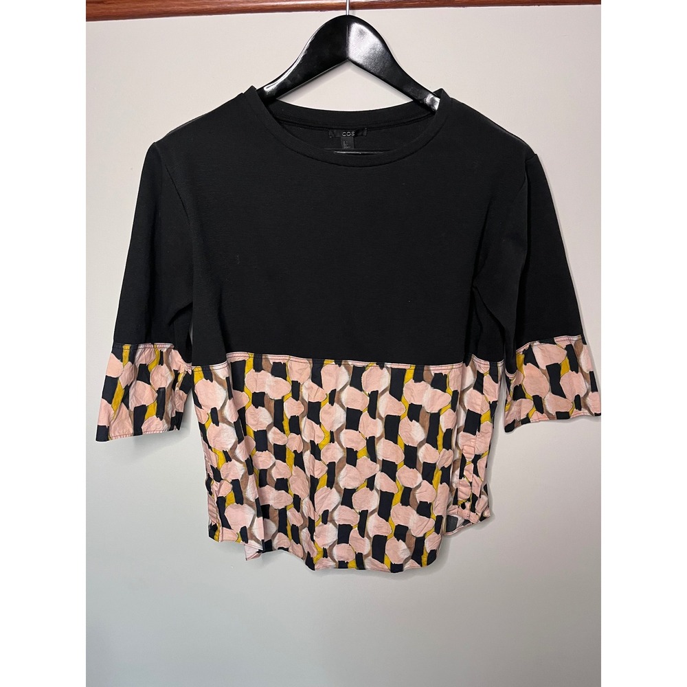 COS Mixed Media Colorblock Top Black Pink Abstract Print 3/4 Sleeve Size S